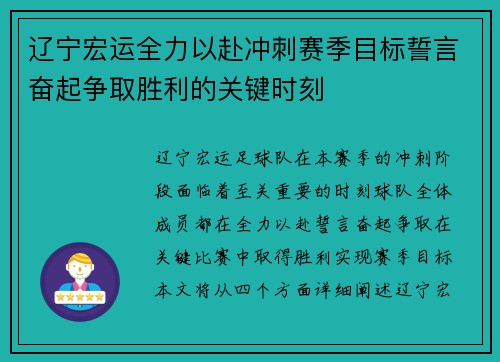 辽宁宏运全力以赴冲刺赛季目标誓言奋起争取胜利的关键时刻