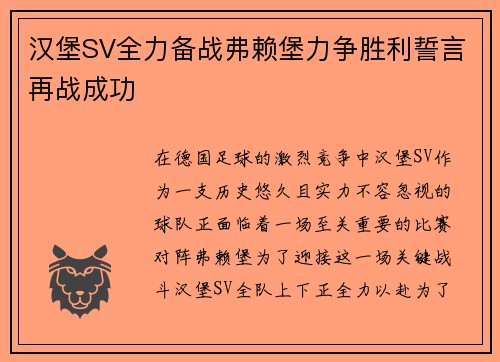 汉堡SV全力备战弗赖堡力争胜利誓言再战成功