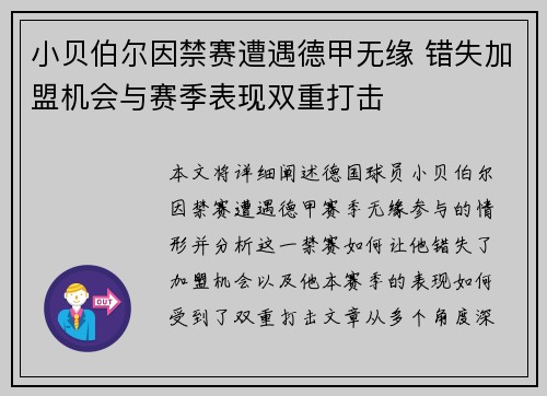 小贝伯尔因禁赛遭遇德甲无缘 错失加盟机会与赛季表现双重打击