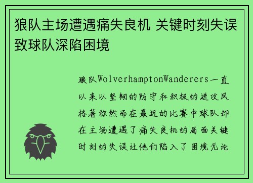 狼队主场遭遇痛失良机 关键时刻失误致球队深陷困境