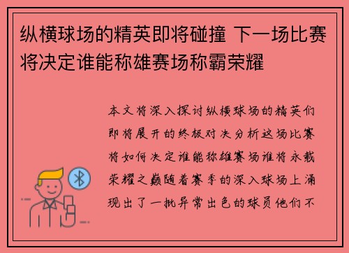 纵横球场的精英即将碰撞 下一场比赛将决定谁能称雄赛场称霸荣耀