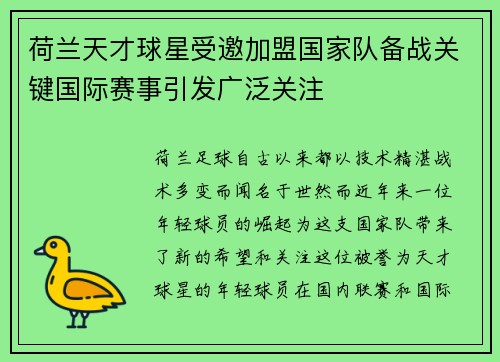 荷兰天才球星受邀加盟国家队备战关键国际赛事引发广泛关注