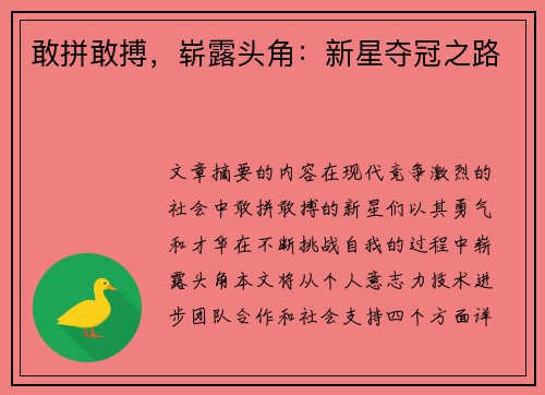 敢拼敢搏，崭露头角：新星夺冠之路