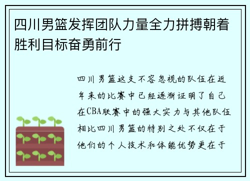 四川男篮发挥团队力量全力拼搏朝着胜利目标奋勇前行