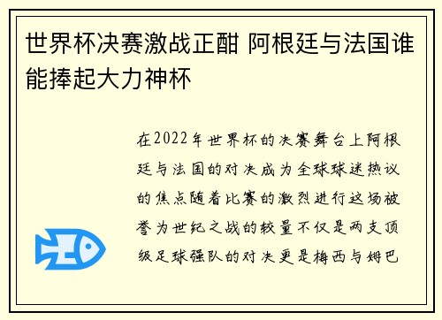 世界杯决赛激战正酣 阿根廷与法国谁能捧起大力神杯