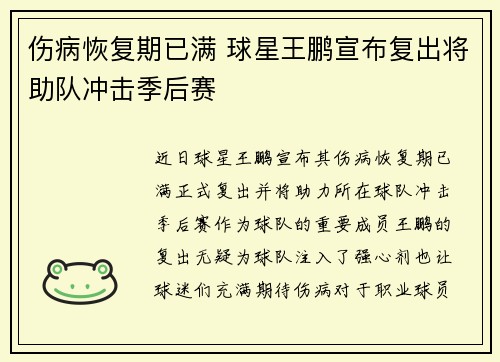伤病恢复期已满 球星王鹏宣布复出将助队冲击季后赛