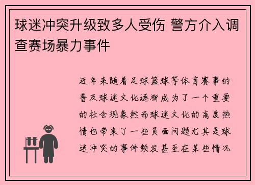 球迷冲突升级致多人受伤 警方介入调查赛场暴力事件
