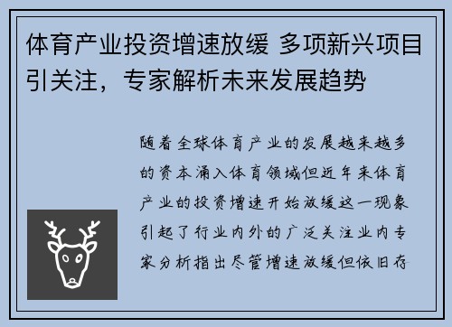 体育产业投资增速放缓 多项新兴项目引关注，专家解析未来发展趋势
